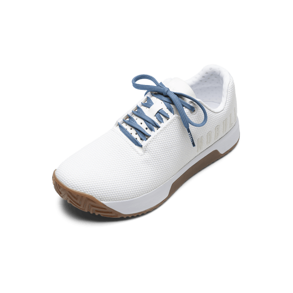 White Outwork Edge Shoes with Light Blue Laces.