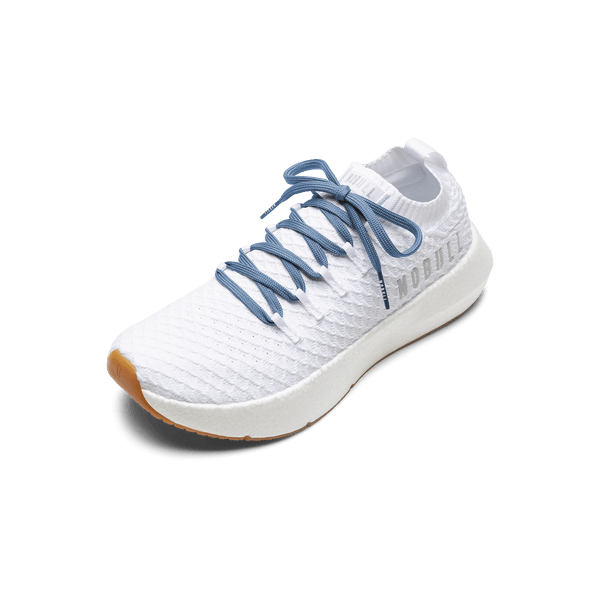 White Drive Knit Shoes with Light Blue Laces.