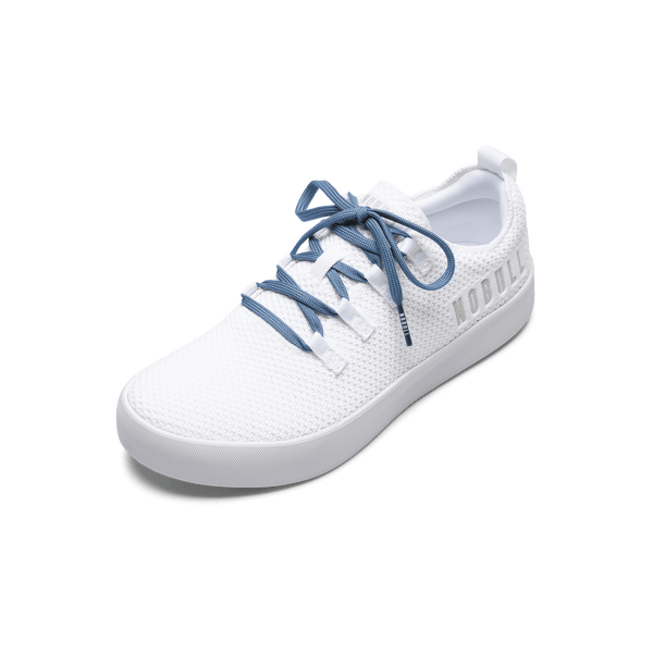 White Recs Knit Shoes with Light Blue Laces.