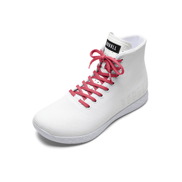 White Outwork High-Top Shoe with Hibiscus Shoelaces.