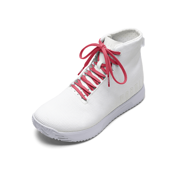 White Outwork Edge High-Top Shoe with Hibiscus Shoelaces.