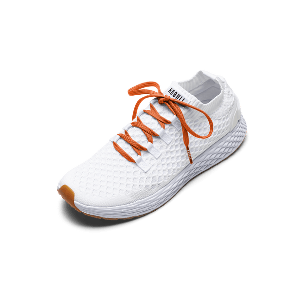 White Allday Knit Shoe with Scarlet Shoelaces.