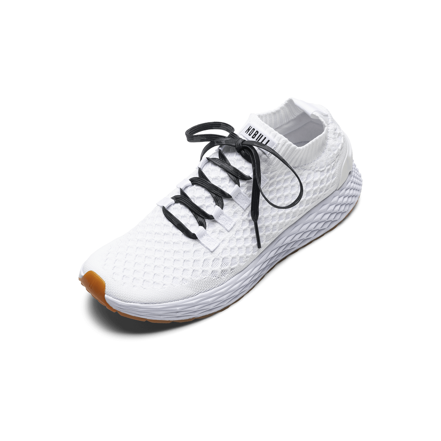 White Allday Knit Shoe with Black Camo Laces.