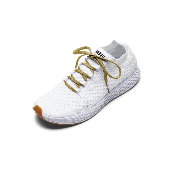 White Allday Knit Shoes with Ginger Laces.