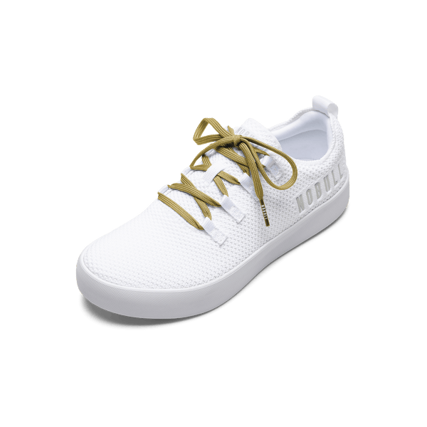 White Recs Knit shoes with Ginger Laces.
