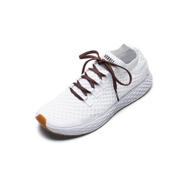 White Allday Knit Shoe with Dark Maroon Shoelaces.