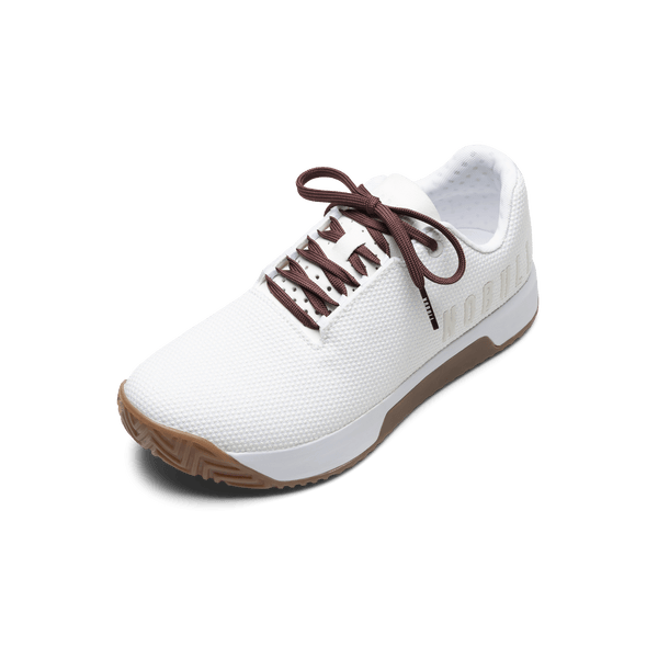 White Outwork Edge Shoe with Dark Maroon Shoelaces.