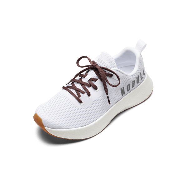 White Journey Shoe with Dark Maroon Shoelaces.