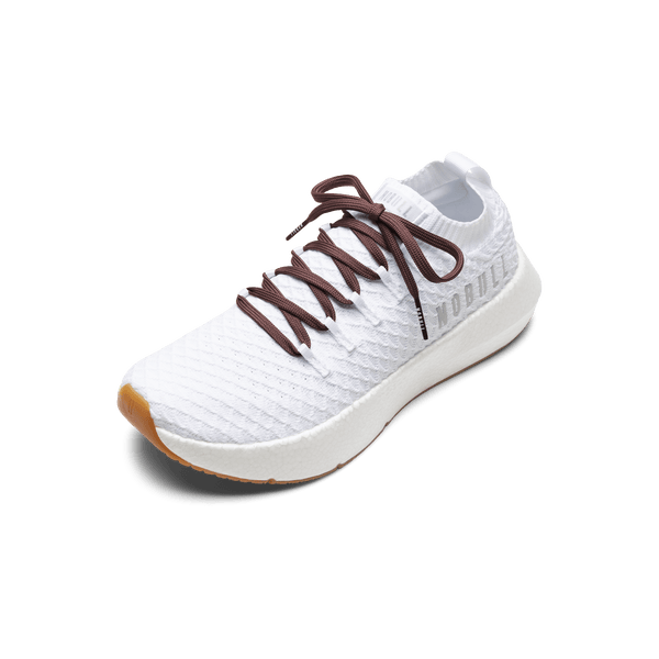 White Drive Knit Shoe with Dark Maroon Shoelaces.