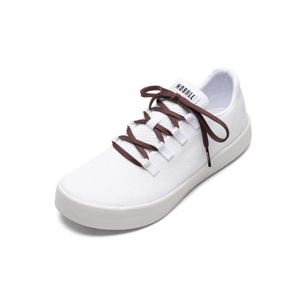 White Recs Canvas Shoe with Dark Maroon Shoelaces.