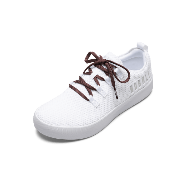White Recs Knit Shoe with Dark Maroon Shoelaces.