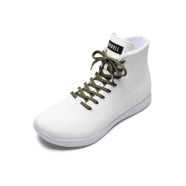 White Outwork High-Top Shoe with Tactical Green Shoelaces.