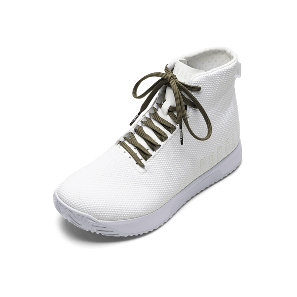 White Outwork Edge High-Top Shoe with Tactical Green Shoelaces.