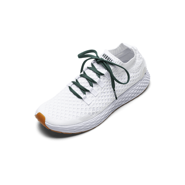 White Allday Knit Shoe with Dark Aqua Shoelaces.