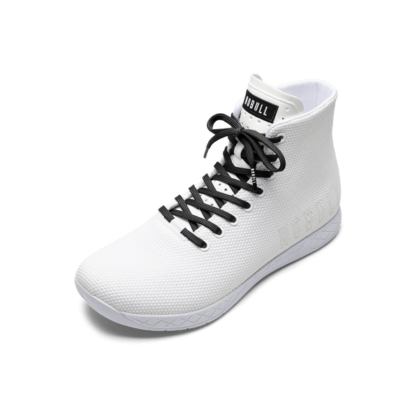 White Outwork High-Top Shoe with Jet Black Shoelaces.