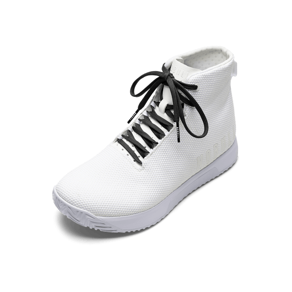White Outwork Edge High-Top Shoe with Jet Black Shoelaces.