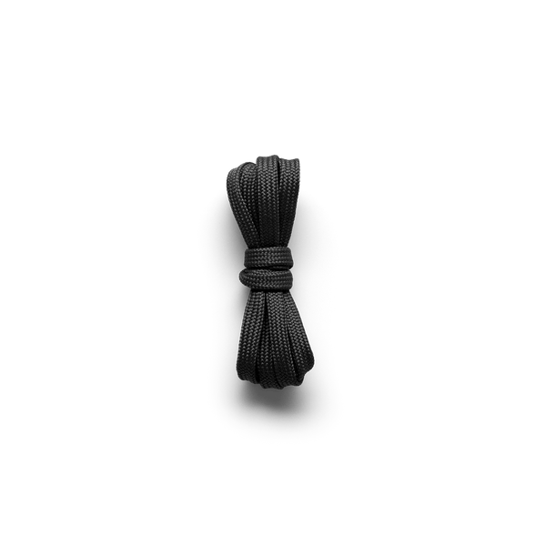 Jet Black Shoelaces Tied in a Knot.