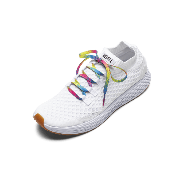 White Allday Knit Shoe with Neon Glitch Shoelaces.