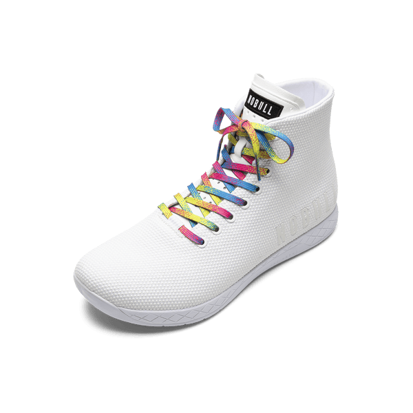 White Outwork High-Top Shoe with Neon Glitch Shoelaces.