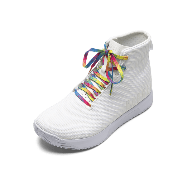 White Outwork Edge High-Top Shoe with Neon Glitch Shoelaces.