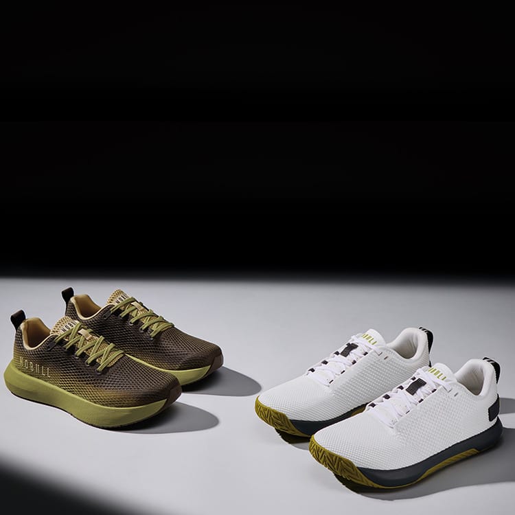 Promo - two pairs of athletic sneakers displayed on a dark gray surface: one pair in olive green and brown, and the other pair in white with black and olive accents.