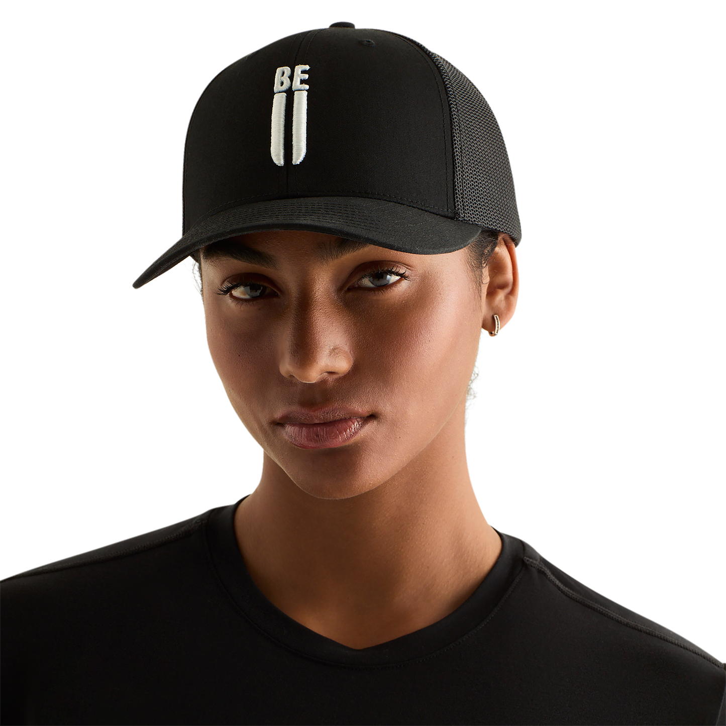 Woman Wearing Black Be U Trucker Hat Front Angle.