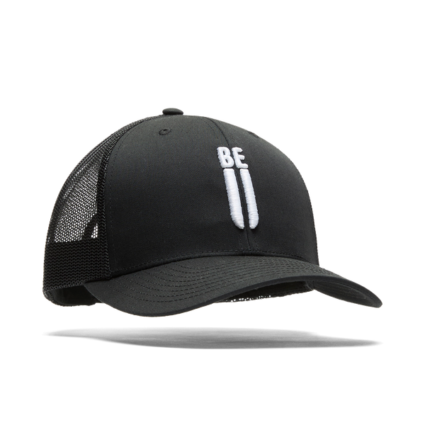 Black Be U Trucker Hat Front Silhouette Angle.