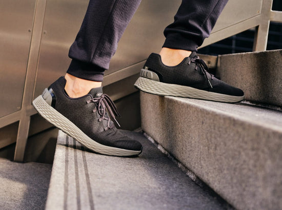 Jet Black Ash Allday 365 Men's NOBULL Shoes Walking on stairs.