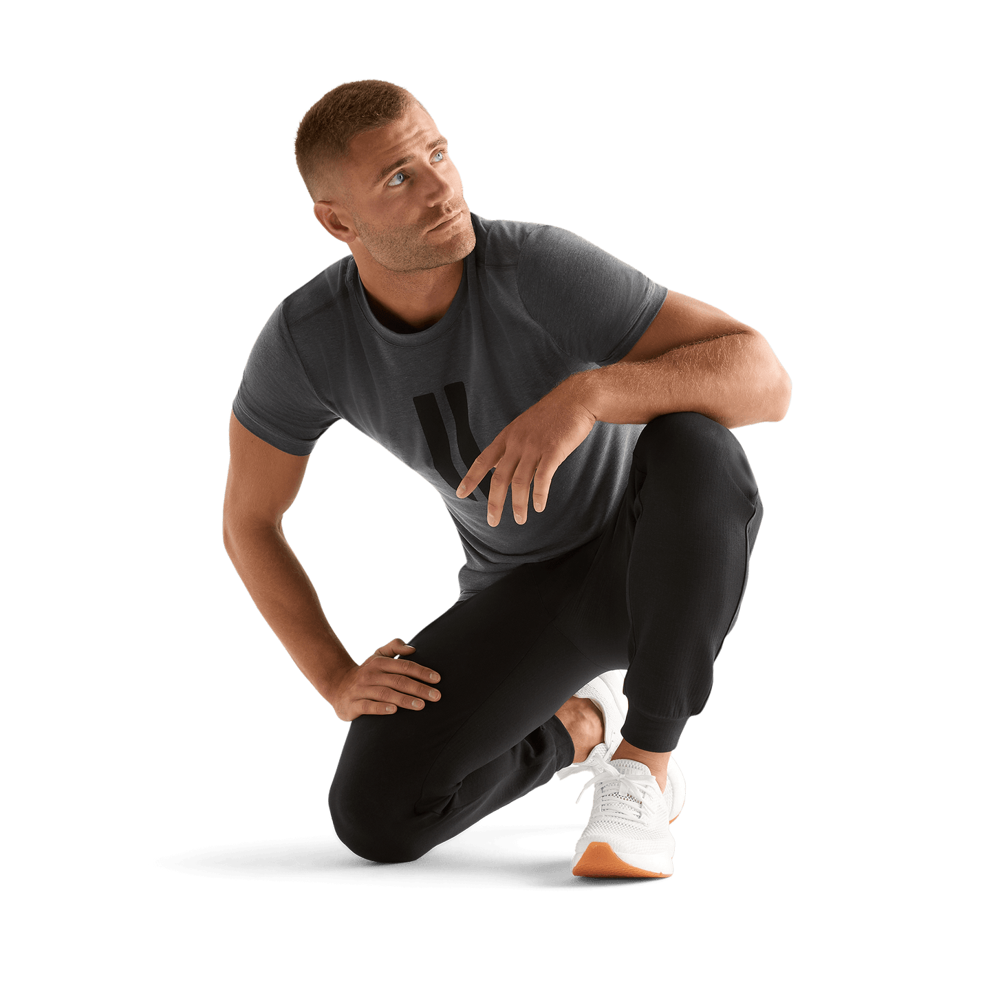 Charcoal Heather Men's U Tee Action Shot Angle.