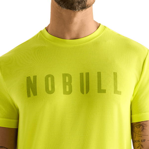 Neon Yellow Men's NOBULL Tee Front Detail Angle.