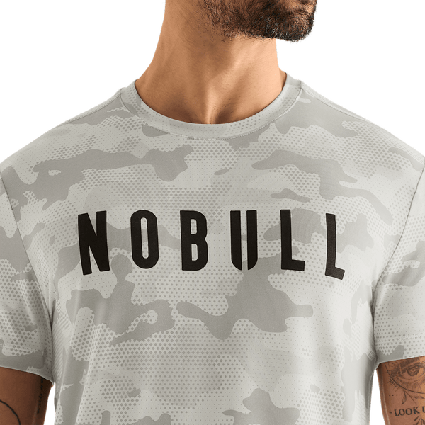 Light Grey Camo Men's Tee Front Detail Angle.