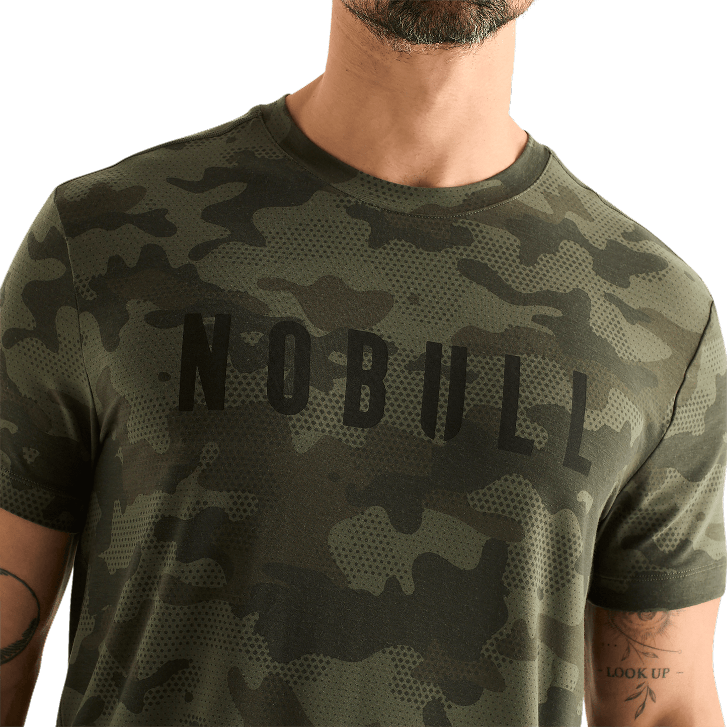 Dark Army Camo Men's Tee Front Detail  Angle.