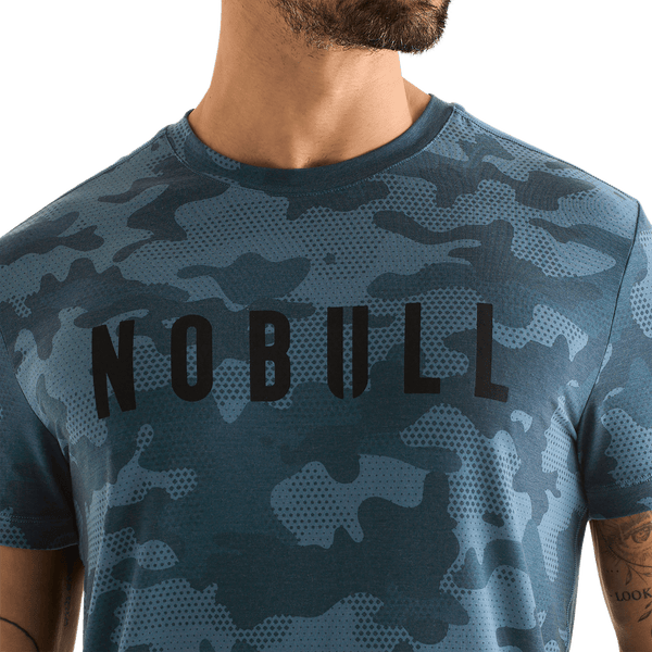 Coastal Blue Camo NOBULL Men's Tee Front Detail Angle.