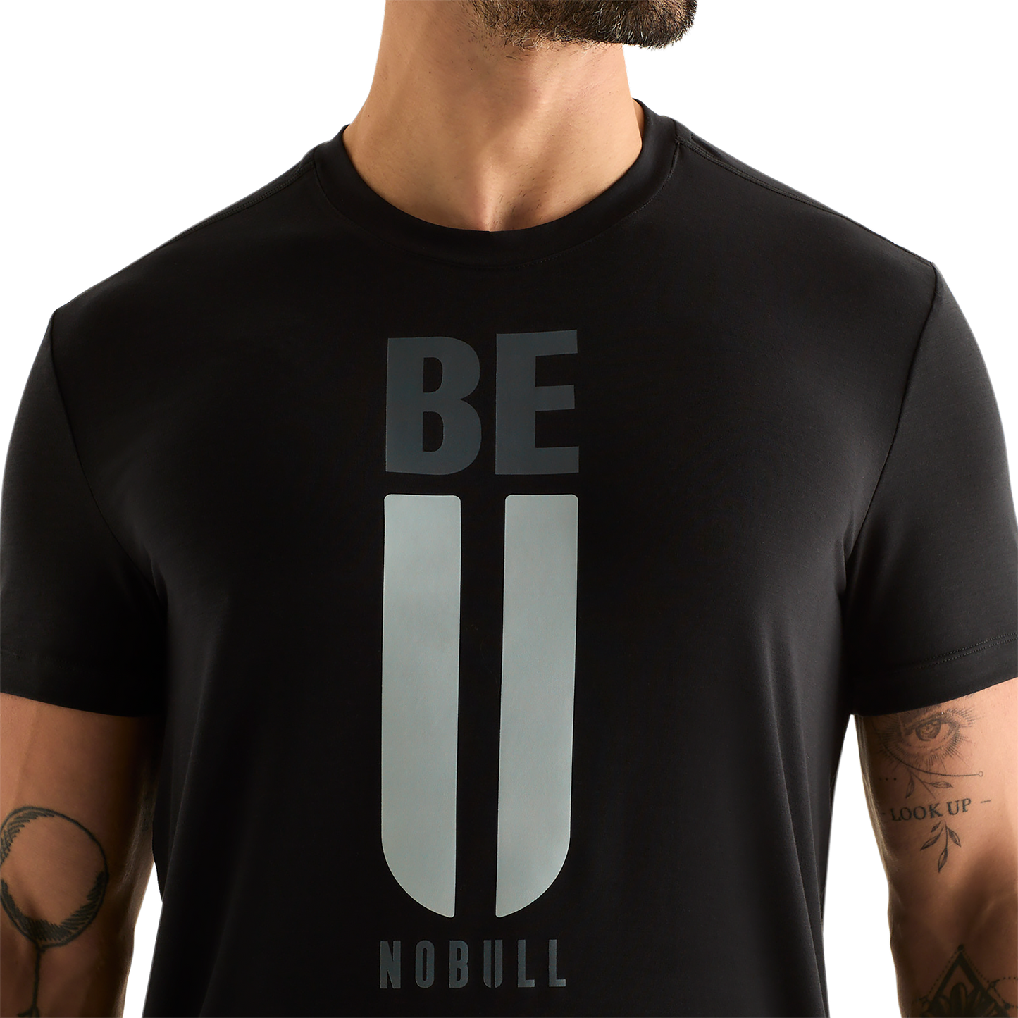 Men's Black Be U Tee Front Detail Angle.