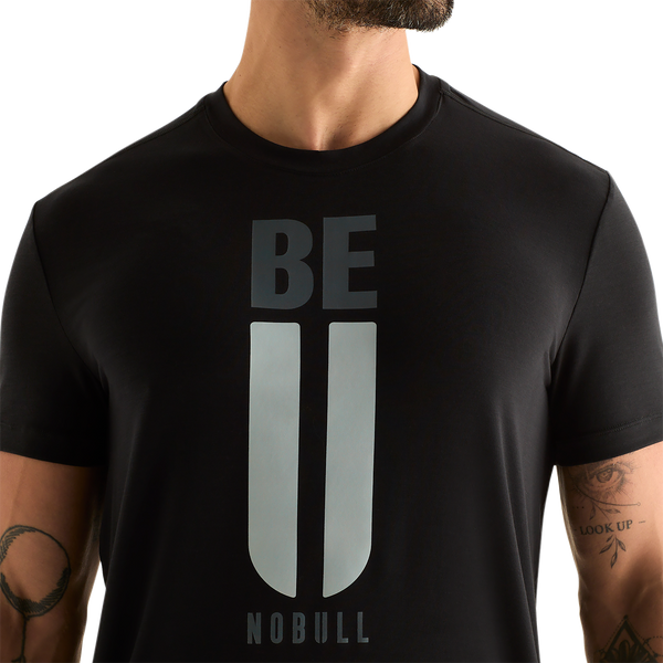 Men's Black Be U Tee Front Detail Angle.