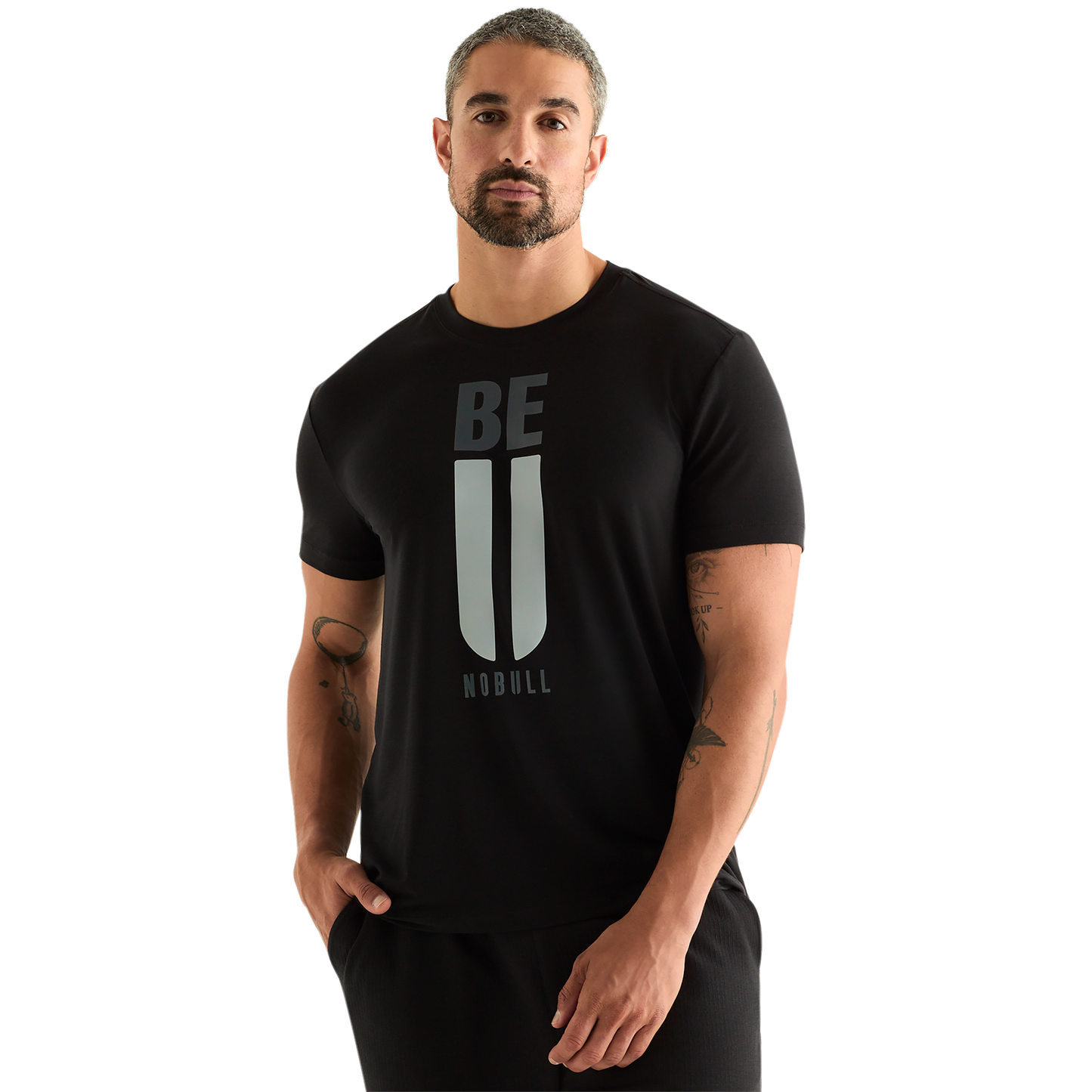 Men's Black Be U Tee Front Angle.