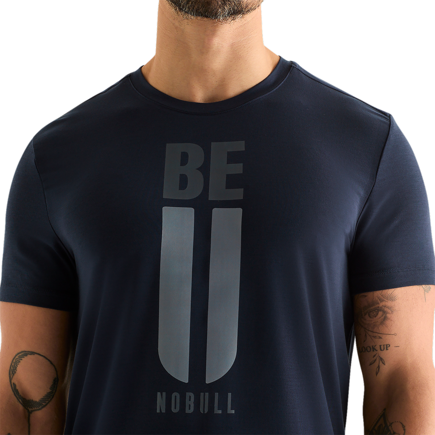 Night Navy Men's Be U Tee Front Detail Angle.