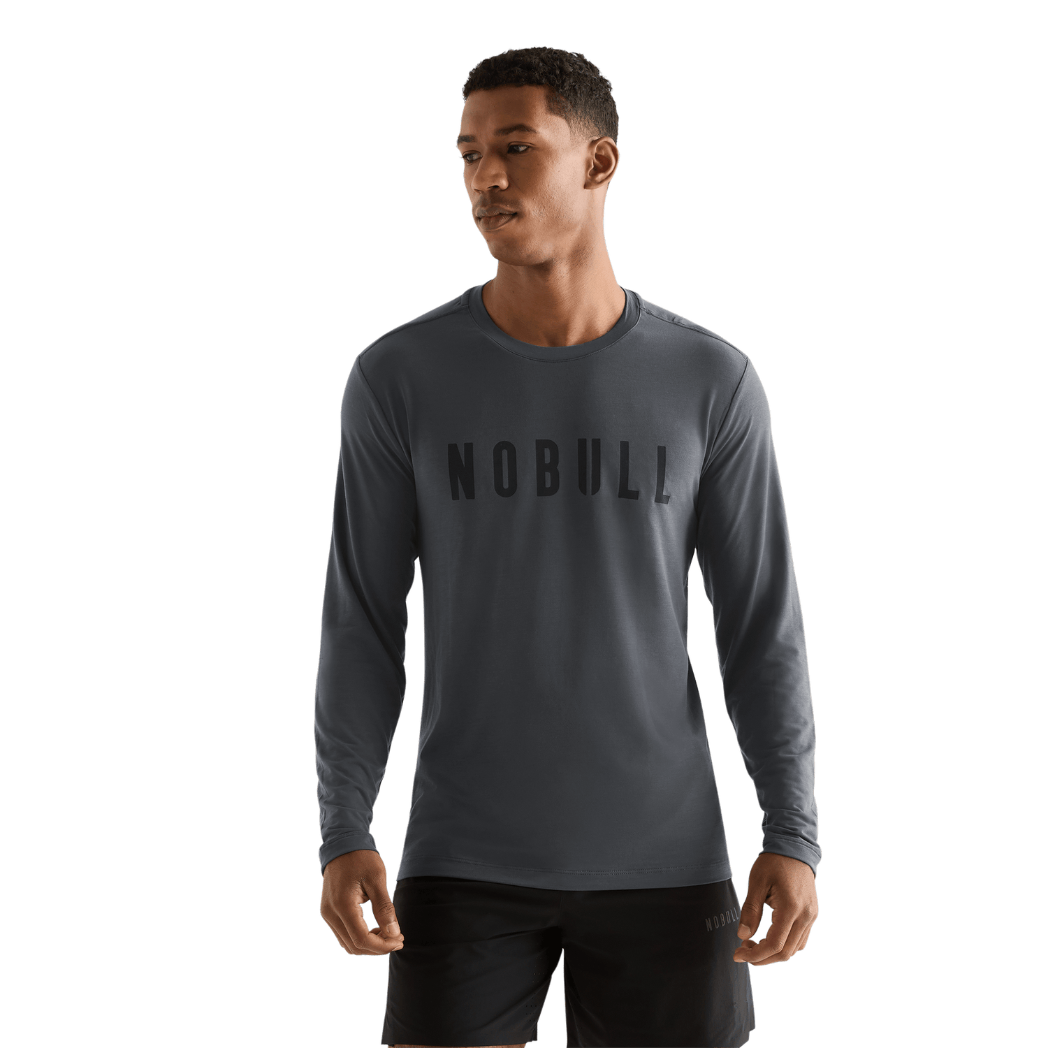 Charcoal Heather Men's NOBULL Long Sleeve Tee Front Angle.