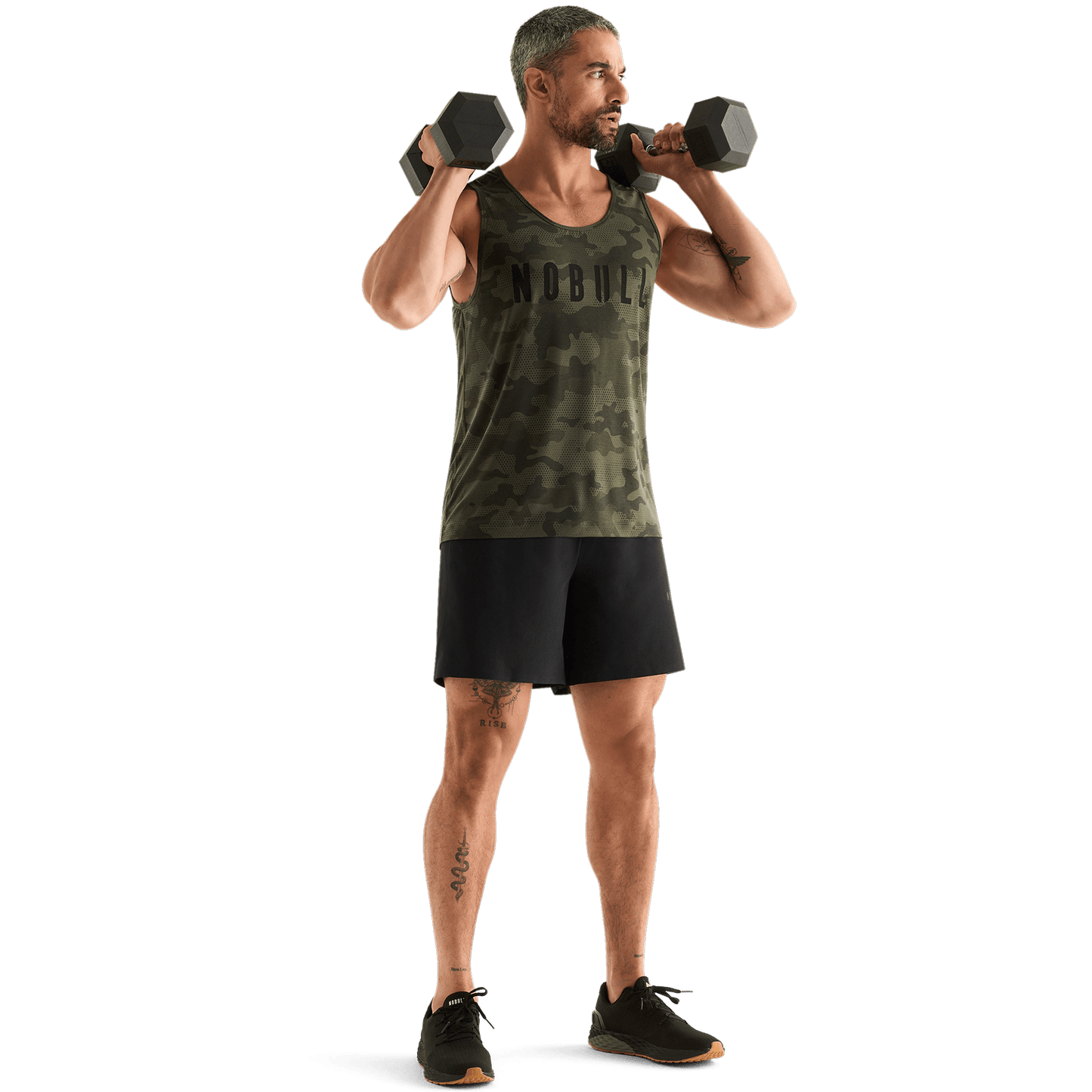 Dark Army Camo Men's NOBULL Tank Action Shot Angle.