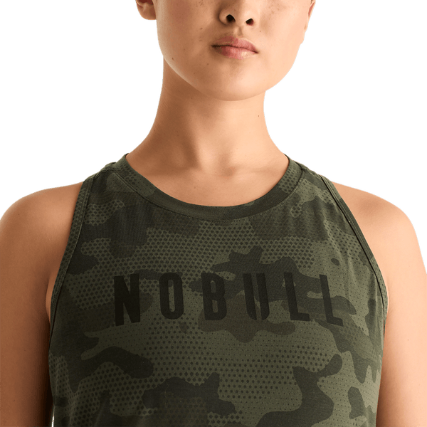 Dark Army Camo Women's High-Neck Tank Front Detail Angle.