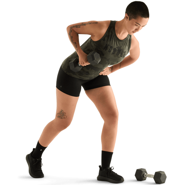 Dark Army Camo Women's High-Neck Tank Action Shot Angle.