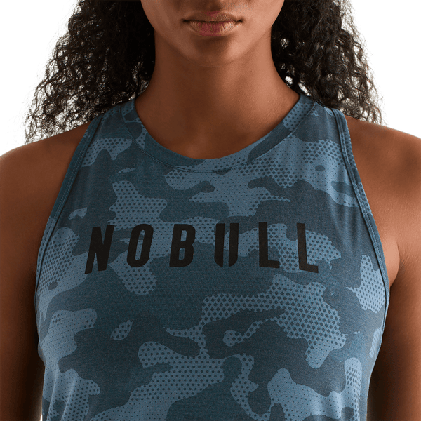 Coastal Blue Camo Women's High-Neck Tank Front Detail Angle.