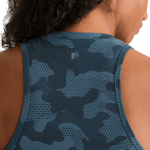 Coastal Blue Camo Women's High-Neck Tank Back Detail Angle.