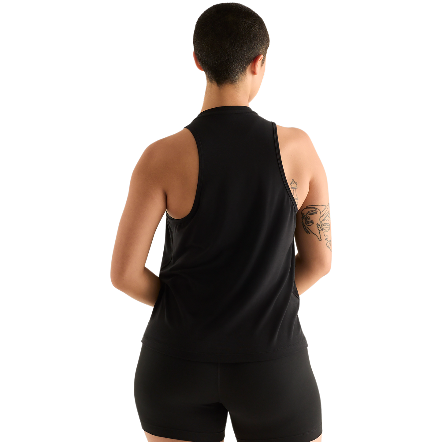 Black Women's Be U High-Neck Tank Back Angle.