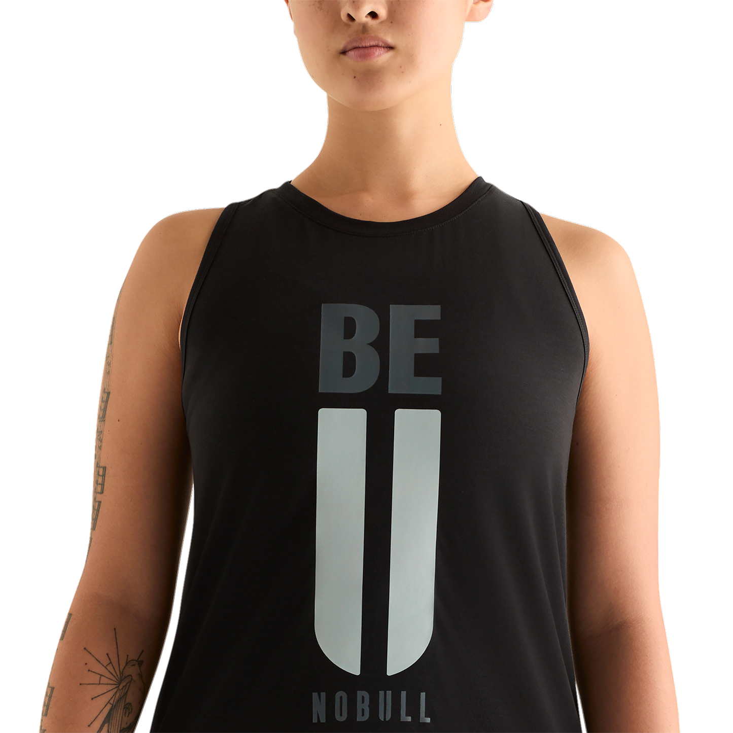 Black Women's Be U High-Neck Tank Front Detail Angle.