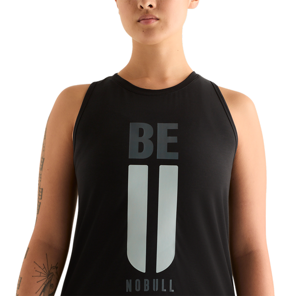Black Women's Be U High-Neck Tank Front Detail Angle.