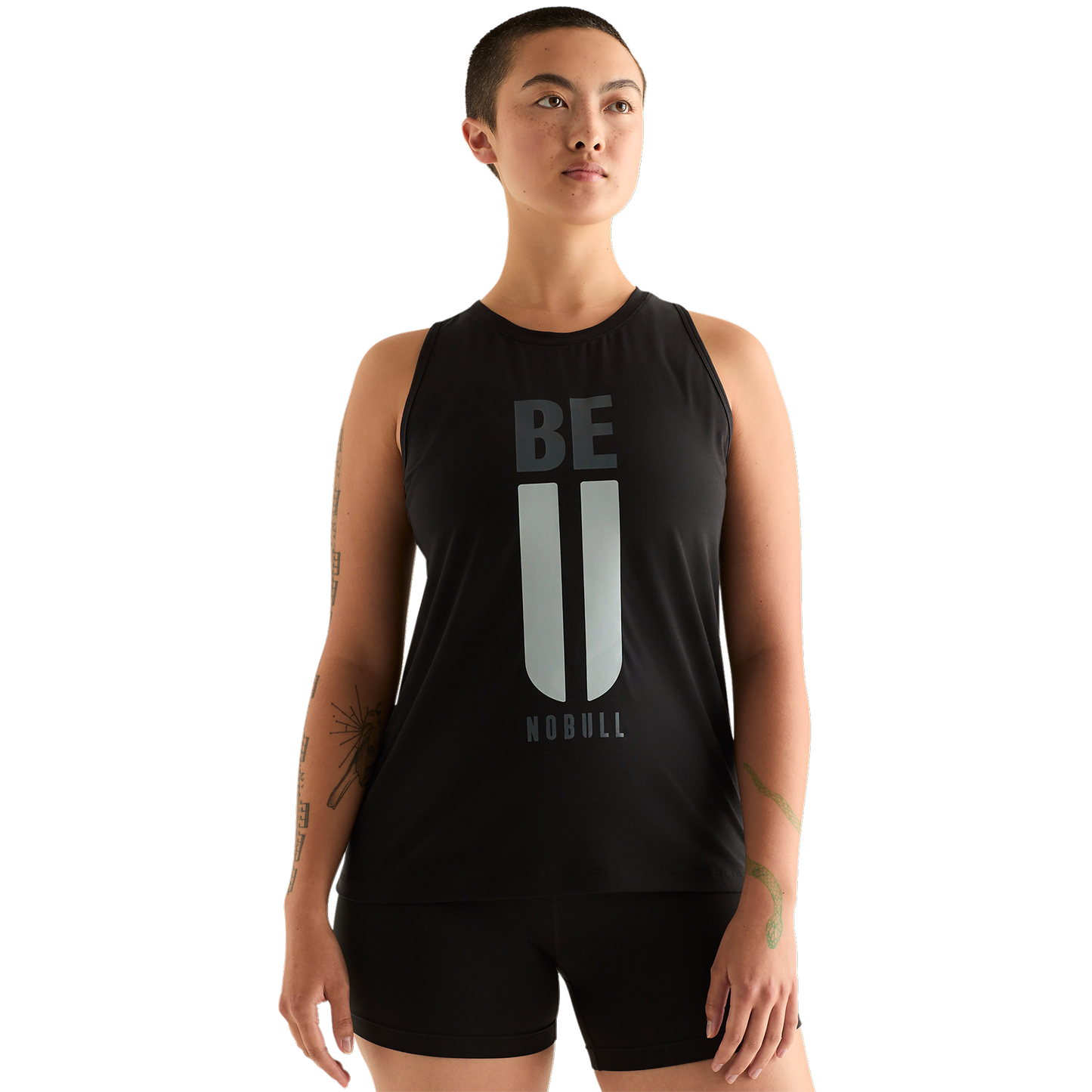 Black Women's Be U High-Neck Tank Front Angle.