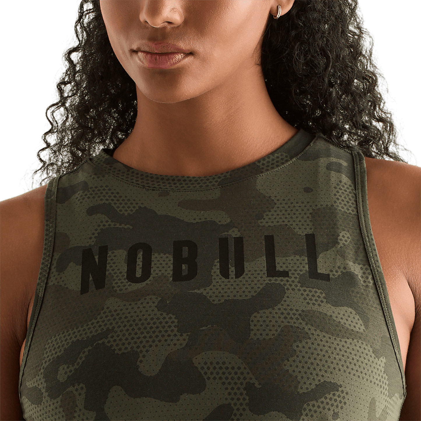 Dark Army Camo Women's Muscle Tank Front Detail Angle.