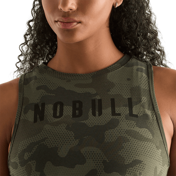 Dark Army Camo Women's Muscle Tank Front Detail Angle.