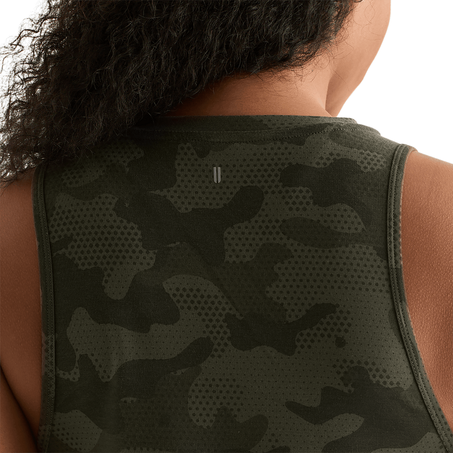 Dark Army Camo Women's Muscle Tank Back Detail Angle.